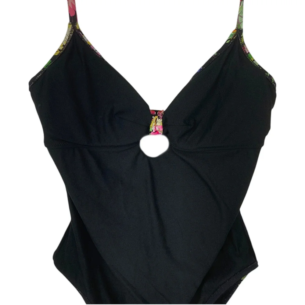 Johnny Was Sz M Metalli Notte Floral One Piece Swimsuit Keyhole Black Lined
